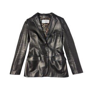 00s Dolce & Gabbana Black Leather Leopard Lining Blazer Jacket